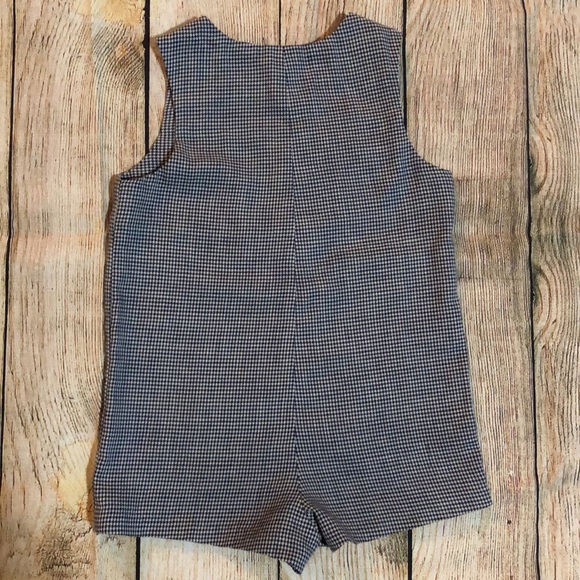 Navy Checkered, smocked, used handmade Shortall Romper. 9-12 months. - Picture 2 of 2